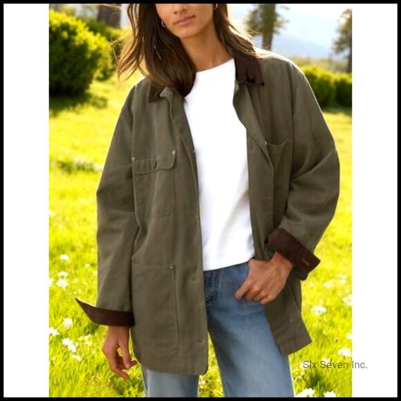 Oversized Utility Cotton Coat Corduroy Collar Vintage Workwear with Pockets - Picture 4 of 7